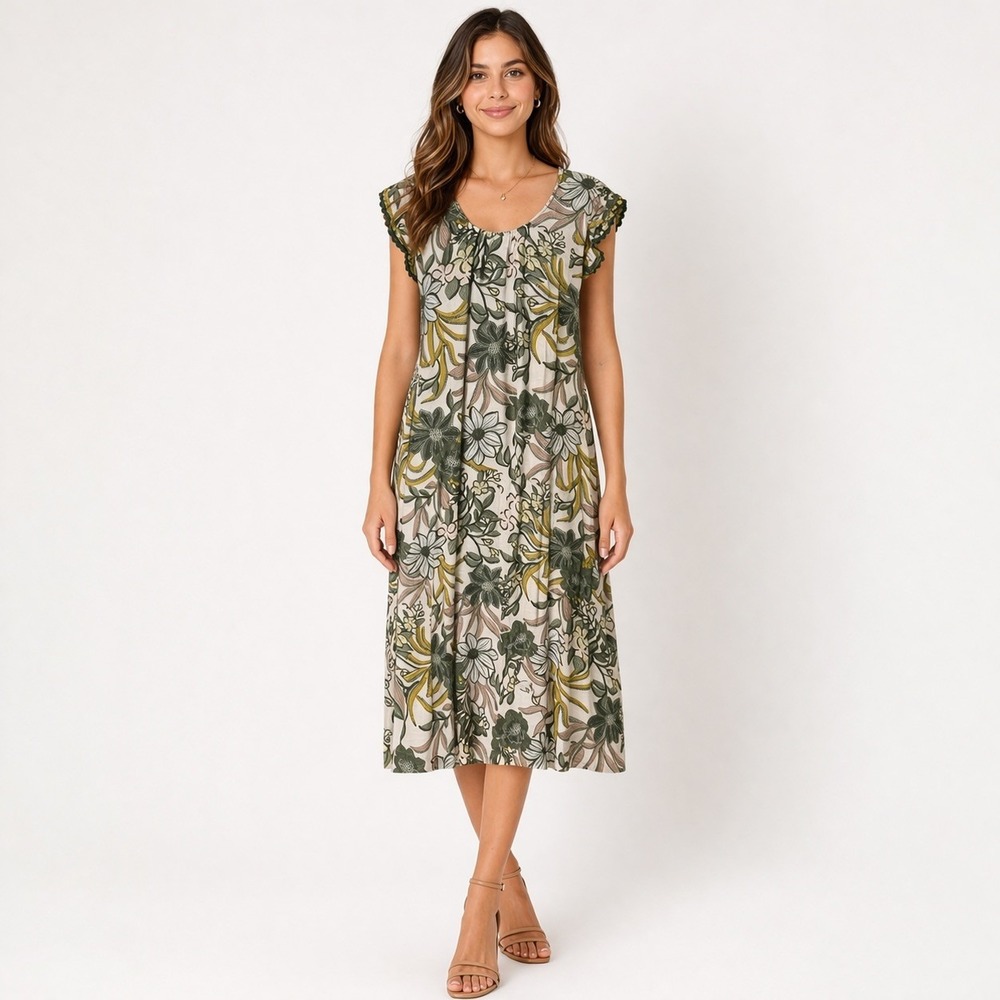 Floral Flutter Sleeve Midi Dress Green Yellow Scalloped Trim 1XL Boho Slub Knit